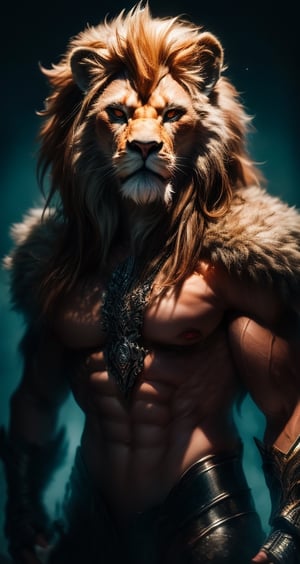 Natural Light, HDR, (Best Quality, highly detailed, Masterpiece), (((perfect anatomy))), (beautiful and detailed eyes), (realistic detailed skin texture), (detailed hair), (Fantasy aesthetic style), (realistic light and shadow), (real and delicate background), Create an image of a humanoid lion, adorned in armor, standing in the savannah. The lion-man's muscular physique should be highlighted, with intricate details on the armor. the dynamic movement, the natural beauty of the savannah landscape, outdoors, the brightly light environment,horror (theme)