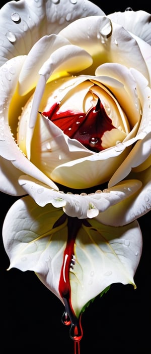 (white rose),  (all white flower), (blood droplets on petals), (bright red blood),  ( blood dripping off petal), (color contrast background) 16k photo, high definition, photorealistic, vibrant colors, sharp details, 