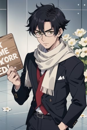 alone, looking at viewer, short hair, closed mouth, black hair, GLASSES yellow reflection blue lenses, male focus, wearing gray pants, handsome man, NIJI BOYS STYLE, haruka, anime, looks at viewers, holding a sign that says "El Equilibrio de Decisiones ", white flower, purple and red in the background a large scarf covering the mouth