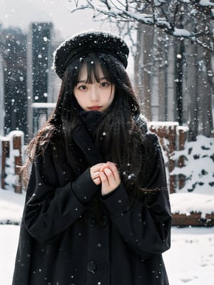 1girl, solo, long hair, looking at viewer, bangs, black hair, gloves, hat, upper body, outdoors, parted lips, hood, scarf, black eyes, coat, snow, black coat, snowing, winter clothes, mittens, winter,Bora