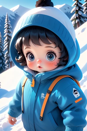 best quality, masterpiece, beautiful and aesthetic, vibrant color, Exquisite details and textures,  Warm tone, ultra realistic illustration,	(cute European baby Boy, 4year old:1.5),	(snow theme:1.4),	cute eyes, big eyes,	(a curious look:1.2),	16K, (HDR:1.4), high contrast, bokeh:1.2, lens flare,	siena natural ratio, children's body, anime style, 	head to toe,	very short curly black hair,	a beanie, snowboarding wear, ski slope, Snowboarding, 	ultra hd, realistic, vivid colors, highly detailed, UHD drawing, perfect composition, beautiful detailed intricate insanely detailed octane render trending on artstation, 8k artistic photography, photorealistic concept art, soft natural volumetric cinematic perfect light. 