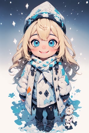 best quality, masterpiece, beautiful and aesthetic, vibrant color, Exquisite details and textures,  Warm tone, ultra realistic illustration,	(cute Nordic girl, 7year old:1.5),	(snow theme:1.4),	cute eyes, big eyes,	(a beautiful smile:1.8),	16K, (HDR:1.4), high contrast, bokeh:1.2, lens flare,	siena natural ratio, children's body, anime style, 	a picture from a high angle, a view from above,	long Wave blonde hair,	wearing a white winter jacket and scarf, white fur hat, 	ultra hd, realistic, vivid colors, highly detailed, UHD drawing, perfect composition, beautiful detailed intricate insanely detailed octane render trending on artstation, 8k artistic photography, photorealistic concept art, soft natural volumetric cinematic perfect light.