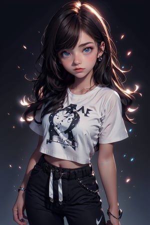 best quality, masterpiece, beautiful and aesthetic, vibrant color, Exquisite details and textures,  Warm tone, ultra realistic illustration,	(cute European girl, 12year old:1.5),	(school theme:1.4),	cute eyes, big eyes,	(an angry look:1.1),	16K, (HDR:1.4), high contrast, bokeh:1.2, lens flare,	siena natural ratio, children's body, anime style, 	head to thigh portrait,	long Wave brown hair,	wearing a white T-shirt, black NIKE sweatpants,	ultra hd, realistic, vivid colors, highly detailed, UHD drawing, perfect composition, beautiful detailed intricate insanely detailed octane render trending on artstation, 8k artistic photography, photorealistic concept art, soft natural volumetric cinematic perfect light.