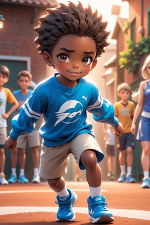 best quality, masterpiece, beautiful and aesthetic, vibrant color, Exquisite details and textures,  Warm tone, ultra realistic illustration,	(cute African- American Boy, 6year old:1.5),	(Sports theme:1.4), Jumping pose,	cute eyes, big eyes,	(a gentle smile:1.1),	16K, (HDR:1.4), high contrast, bokeh:1.2, lens flare,	siena natural ratio, children's body, anime style, 	head to thigh portrait,	Light Brown ponytail hairstyle,	wearing a white and blue T-shirt, white and blue PUMA sweatpants,	ultra hd, realistic, vivid colors, highly detailed, UHD drawing, perfect composition, beautiful detailed intricate insanely detailed octane render trending on artstation, 8k artistic photography, photorealistic concept art, soft natural volumetric cinematic perfect light. 