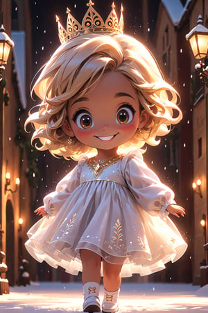 best quality, masterpiece, beautiful and aesthetic, vibrant color, Exquisite details and textures,  Warm tone, ultra realistic illustration,	(cute Latino girl, 7year old:1.5),	(snow theme:1.4),	cute eyes, big eyes,	(a beautiful smile:1.5),	cinematic lighting, ambient lighting, sidelighting, cinematic shot,	siena natural ratio, children's body, anime style, 	head to thigh portrait,	short Wave blonde hair,	a white princess dress with gold decorations, tiara, 	ultra hd, realistic, vivid colors, highly detailed, UHD drawing, perfect composition, beautiful detailed intricate insanely detailed octane render trending on artstation, 8k artistic photography, photorealistic concept art, soft natural volumetric cinematic perfect light. 