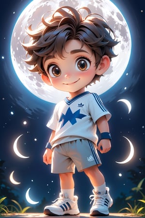 best quality, masterpiece, beautiful and aesthetic, vibrant color, Exquisite details and textures,  Warm tone, ultra realistic illustration,	(handsome European Boy, 6year old:1.5),	(moonlight theme:1.4), Fireflies flying in the sky,	cute eyes, big eyes,	(a smile on one's face:1.3),	cinematic lighting, ambient lighting, sidelighting, cinematic shot,	siena natural ratio, children's body, anime style, 	head to thigh portrait,	short Straight Light Brown hair,	wearing a white T-shirt, white Adidas sweatpants,	ultra hd, realistic, vivid colors, highly detailed, UHD drawing, perfect composition, beautiful detailed intricate insanely detailed octane render trending on artstation, 8k artistic photography, photorealistic concept art, soft natural volumetric cinematic perfect light. 