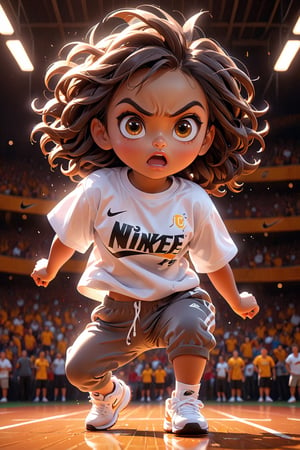 best quality, masterpiece, beautiful and aesthetic, vibrant color, Exquisite details and textures,  Warm tone, ultra realistic illustration,	(cute Latino girl, 5year old:1.5),	(Sports theme:1.4), Jumping pose,	cute eyes, big eyes,	(an angry look:1.1),	cinematic lighting, ambient lighting, sidelighting, cinematic shot,	siena natural ratio, children's body, anime style, 	head to toe,	long Wave dark brown hair,	wearing a white T-shirt, black NIKE sweatpants,	ultra hd, realistic, vivid colors, highly detailed, UHD drawing, perfect composition, beautiful detailed intricate insanely detailed octane render trending on artstation, 8k artistic photography, photorealistic concept art, soft natural volumetric cinematic perfect light. 