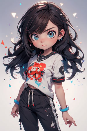 best quality, masterpiece, beautiful and aesthetic, vibrant color, Exquisite details and textures,  Warm tone, ultra realistic illustration,	(cute European girl, 12year old:1.5),	(school theme:1.4),	cute eyes, big eyes,	(an angry look:1.1),	16K, (HDR:1.4), high contrast, bokeh:1.2, lens flare,	siena natural ratio, children's body, anime style, 	head to thigh portrait,	long Wave brown hair,	wearing a white T-shirt, black NIKE sweatpants,	ultra hd, realistic, vivid colors, highly detailed, UHD drawing, perfect composition, beautiful detailed intricate insanely detailed octane render trending on artstation, 8k artistic photography, photorealistic concept art, soft natural volumetric cinematic perfect light.