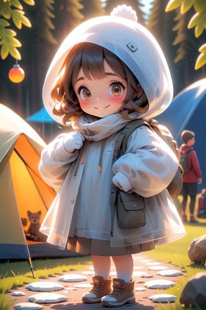 best quality, masterpiece, beautiful and aesthetic, vibrant color, Exquisite details and textures,  Warm tone, ultra realistic illustration,	(cute European girl, 7year old:1.5),	(Camping theme:1.4), Camping with a family,	cute eyes, big eyes,	(a beautiful smile:1.3),	16K, (HDR:1.4), high contrast, bokeh:1.2, lens flare,	siena natural ratio, children's body, anime style, 	random angles, random poses, 	brown long bob cut with blunt bangs,	a white knit sweater, white knit Beanie, white knit gloves, 	ultra hd, realistic, vivid colors, highly detailed, UHD drawing, perfect composition, beautiful detailed intricate insanely detailed octane render trending on artstation, 8k artistic photography, photorealistic concept art, soft natural volumetric cinematic perfect light. 