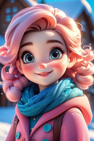 best quality, masterpiece, beautiful and aesthetic, vibrant color, Exquisite details and textures,  Warm tone, ultra realistic illustration,	(cute European girl, 7year old:1.5),	(snow theme:1.4),	cute eyes, big eyes,	(a big smile:1.2),	16K, (HDR:1.4), high contrast, bokeh:1.2, lens flare,	siena natural ratio, children's body, anime style, 	turning to look at me,	long Wave hair, (pink|blue hair:1.5), 	a white wool coat,	ultra hd, realistic, vivid colors, highly detailed, UHD drawing, perfect composition, beautiful detailed intricate insanely detailed octane render trending on artstation, 8k artistic photography, photorealistic concept art, soft natural volumetric cinematic perfect light. 