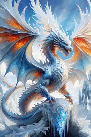 Ultra realistic, fire and ice dragon, white and orange scales, guarding ice castle, bright blue eyes, full body picture, intricate scales, wings expanded,shards,echmrdrgn, menacing, intricate markings on scales, 