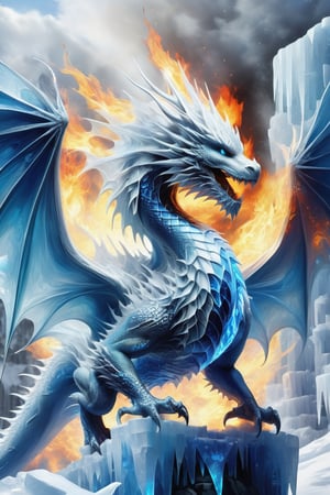 Ultra realistic, fire and ice dragon, white scales, guarding ice castle, bright blue eyes, full body picture, intricate scales, wings expanded,shards,echmrdrgn, menacing, intricate markings on scales, f