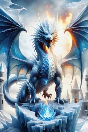 Ultra realistic, ice dragon, white scales, guarding ice castle, bright blue eyes, full body picture, intricate scales, wings expanded,shards,echmrdrgn, menacing, intricate markings on scales, breathing fire