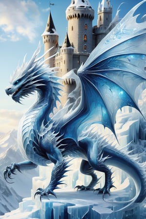 Ultra realistic, ice dragon, white scales, guarding ice castle, bright blue eyes, full body picture, intricate scales, wings expanded,shards,echmrdrgn, menacing, intricate markings on scales