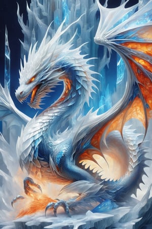 Ultra realistic, fire and ice dragon, white and orange scales, guarding ice castle, bright blue eyes, full body picture, intricate scales, wings expanded,shards,echmrdrgn, menacing, intricate markings on scales, 