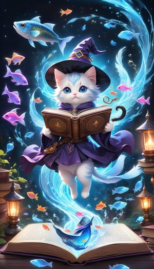 amazing quality, masterpiece, best quality, hyper detailed, ultra detailed, UHD, perfect anatomy, magic world, (kitten and fish:1.4), fish in the air, spell magic to get fresh fish as food,( fish jumping from magic book:1.3), energy flow, a full body of a cute kitten, kawaii, wearing witches robe, witches hat, holding magic book, magic book on one hand, spell magic, , extremely detailed,  glowneon, glowing