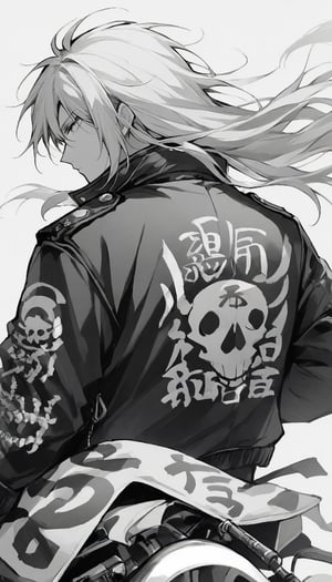 assassinkahb style, a black and white photo of an assassin wearing a motorcycle jacket with japanese writing on the back, solo, simple background, 1boy, white background, jacket, monochrome, upper body, greyscale, male focus, long hair in wind, weapon, clothes writing, skull, skeleton, japanese flag