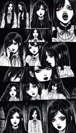 1girl, m4ng4, gothic, vampire, horror, monochrome, comic,