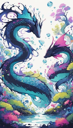 magical dragon fish inside strange ecosystem, minimalistic, illustrative art, ink strokes, ink splashes, magical, immaculate, detailed, white background, intricate, depth of field, deep colors, magical garden filled with slime bubbles