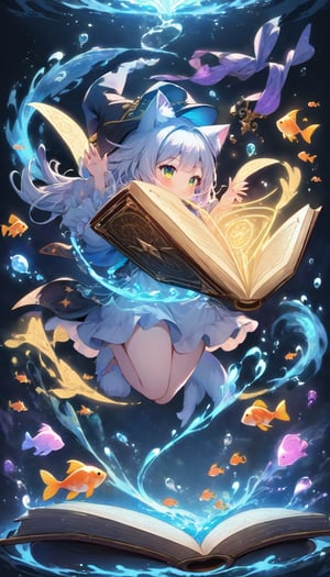 amazing quality, masterpiece, best quality, hyper detailed, ultra detailed, UHD, perfect anatomy, magic world, (kitten and fish:1.4), fish in the air, spell magic to get fresh fish as food,( fish jumping from magic book:1.3), energy flow, a full body of a cute kitten, kawaii, wearing witches robe, witches hat, holding magic book, magic book on one hand, spell magic, , extremely detailed,  glowneon, glowing