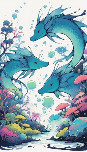 magical dragon fish inside strange ecosystem, minimalistic, illustrative art, ink strokes, ink splashes, magical, immaculate, detailed, white background, intricate, depth of field, deep colors, magical garden filled with slime bubbles