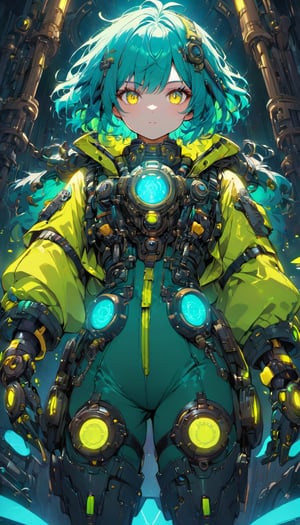 vibrant colors, female, masterpiece, sharp focus, best quality, depth of field, cinematic lighting, ((solo, one woman )), (illustration, 8k CG, extremely detailed), masterpiece, ultra-detailed, Kingdom of Mechanisms Hair Length: Short and shaggy Hair Color: Bright Cyan Eye color: Neon yellow Clothes: Engineer suit with metal parts, night vision goggles. This figure stood in the Clockwork Realm, with short, bright cyan hair that seemed to glow with electrical energy. Neon yellow eyes scrutinized the complex mechanisms and machines that populated the kingdom. He wore an engineer's suit with metal parts and night vision goggles, immersed in his work of creating and maintaining the kingdom's machines.