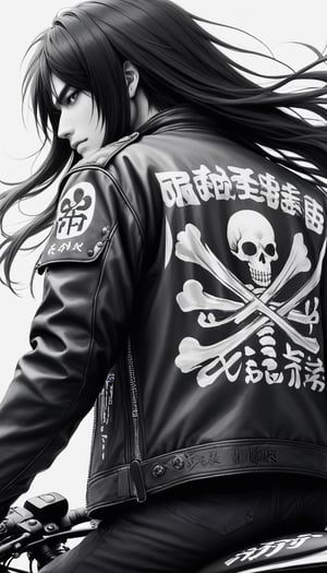 assassinkahb style, a black and white photo of an assassin wearing a motorcycle jacket with japanese writing on the back, solo, simple background, 1boy, white background, jacket, monochrome, upper body, greyscale, male focus, long hair in wind, weapon, clothes writing, skull, skeleton, japanese flag