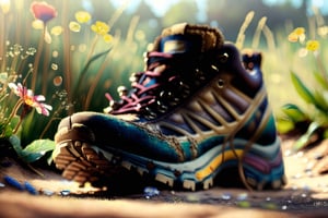 hyper realist photography, a worn, torn brown hiking shoe, lying on the ground, overgrown with wildflowers, in a very beautiful meadow, sunny weather in the morning, full of colorful dew, dynamic lighting with intricate details, very detail, beautiful view, landscape