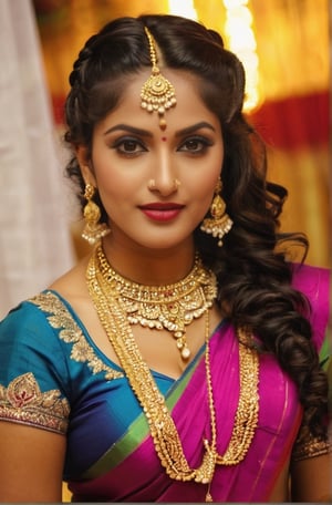 Shot from head to hips, photo of aIndian women, a very sexy women, she looked just the orthodox dancer that she was, she wore saree of bright hues and gold lace, has chubby arm, has curly hair which she braided and beflowered, wore dimond ear-rings and a heavy gold necklace ,