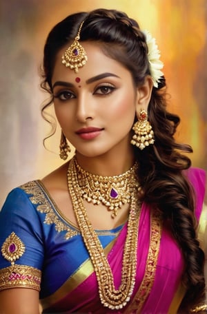 Indian women, she looked just the orthodox dancer that she was, she wore saris of bright hues and gold lace, has curly hair which she braided and beflowered, wore dimond ear-rings and a heavy gold necklace ,Indian,Saree,Woman,INDIAN ,PHOTOREAL