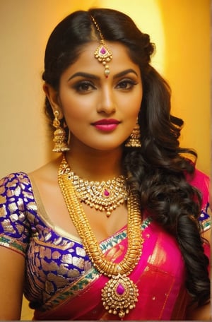 Shot from head to hips, photo of aIndian women, a very sexy women, she looked just the orthodox dancer that she was, she wore saree of bright hues and gold lace, has chubby arm, has curly hair which she braided and beflowered, wore dimond ear-rings and a heavy gold necklace ,Indian