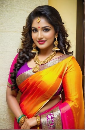 Shot from head to hips, photo of a Indian women, a very sexy women, she looked just like teacher, she wore saree of bright hues in big breast, breast out, has chubby arm, has curly hair which she braided and beflowered, wore dimond ear-rings and a heavy gold necklace ,Indian
