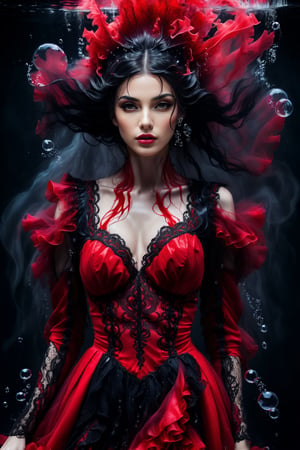 A black haired woman underwater, her head is submerged in water and she has red paint running down the side of it, the hair covering half face, the dress is made from lace with ruffles, dark background, bubbles around, high fashion style, dark colors, red smoke on top, photography, hyperrealistic