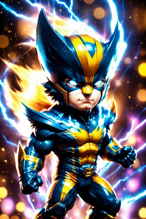 close up angle of (( toy),( 3d Wolverine figure ))(lightning) detailed focus, deep bokeh, beautiful, , dark cosmic background. Visually delightful , 3D,more detail XL,chibi