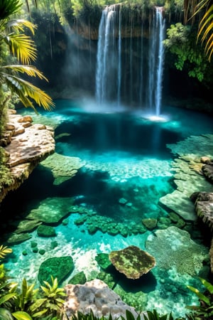((extremely realistic photo)), professional photo, The image features a massive crystal-clear cenote, hidden deep within a tropical jungle, ((ultra sharp focus)), (realistic textures:1.1), aesthetic. masterpiece, pure perfection, high definition ((best quality, masterpiece, detailed)), ultra high resolution, hdr, art, high detail, add more detail, (extreme and intricate details), ((raw photo, 64k:1.37)), ((sharp focus:1.2)), (muted colors, dim colors, soothing tones ), siena natural ratio, ((more detail xl)),more detail XL,detailmaster2,Enhanced All,photo r3al,masterpiece,photo r3al