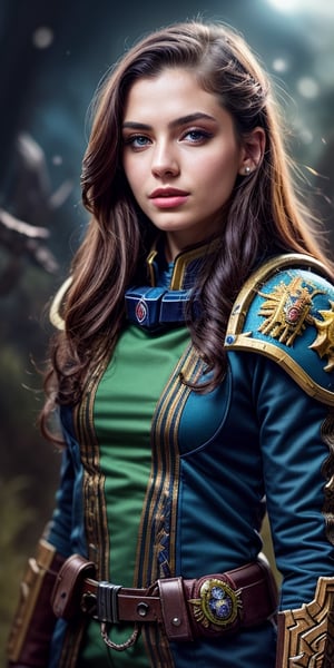 Hyperrealistic young girl inquisitor full-length close-up, with long straight hair, beautiful green eyes, parted lips, cute expressive captivating look, the atmosphere of the world of Warhammer 40,000, the girl is wearing fantastic clothes from the universe of Warhammer 40,000, a space marine combat suit, a girl against the background of the flora of a wild unknown planet.