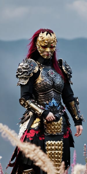 1girl, oni-musha,long red hair, box-shaped heavy japanese armour,oni mask,japanese armour,glowing red eyes,
gauntlet,vambrace, shoulder armor, japanese clothes skirt,,helmet,fighting stance,
something indistinguishable or indistinct, (like clouds in the moon and wind in the flowers),
,kabuki,samurai,bl1ndm5k,warrior