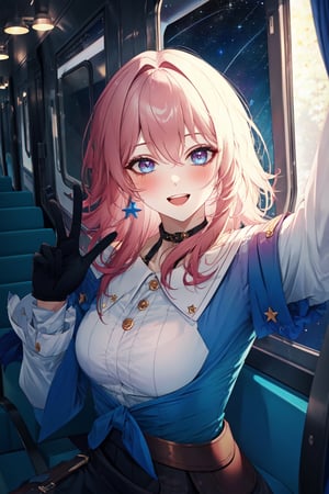 march7th, single glove, black heels, camera,1girl,solo,best quality, looking at viewer,masterpiece,expressive eyes, perfect face,complex, dramatic lighting, rim lighting,blush,open mouth smile,winking,upper body close up,stars outside glass,big room, big glass windows,beautiful outer space view,old luxury train interior,ffc selfie