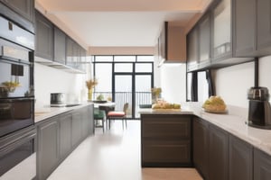 Perspective view, the kitchen of a modern well-off home in Hong Kong public housing is 4 square meters, equipped with refrigerator, kitchen cabinets, a small window, and plenty of sunlight