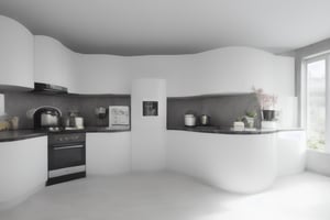 Perspective view, the kitchen of a modern well-off home in Hong Kong public housing is 4 square meters, equipped with refrigerator, kitchen cabinets, a small window, and plenty of sunlight,woman,Chinese Style