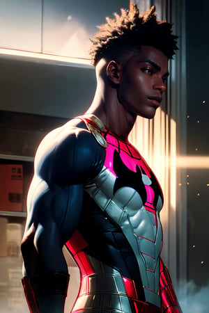 best quality, masterpiece,	(muscular African- American guy, 18year old:1.5),	(Marvel theme:1.4), Batman costume,	(body covered in words, words on body:0.5, tattoos of (words) on body:0.5), (a fine beard:0),	(a model look:1.4),	16K, (HDR:1.4), high contrast, bokeh:1.2, lens flare,	Waist-up Side-view,	beautiful and aesthetic, vibrant color, Exquisite details and textures, cold tone, ultra realistic illustration,siena natural ratio, anime style, 	long Wave gray hair,	ultra hd, realistic, vivid colors, highly detailed, UHD drawing, perfect composition, ultra hd, 8k, he has an inner glow, stunning, something that even doesn't exist, mythical being, energy, molecular, textures, iridescent and luminescent scales, breathtaking beauty, pure perfection, divine presence, unforgettable, impressive, breathtaking beauty, Volumetric light, auras, rays, vivid colors reflects.