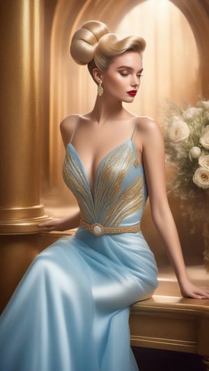 best quality, masterpiece,
A stunning Italian girl, her hair elegantly tied in a blonde bun, wears a modern interpretation of Art Nouveau, dressed in a sky-blue pastel gown with a chic fur-trim capelet, her ensemble a tribute to the sophisticated styles and hairstyles of the 1930s, mirroring the classic allure of Hollywood's golden era.
ultra realistic illustration, siena natural ratio, ultra hd, realistic, vivid colors, highly detailed, UHD drawing, perfect composition, ultra hd, 8k, he has an inner glow, stunning, something that even doesn't exist, mythical being, energy, molecular, textures, iridescent and luminescent scales, breathtaking beauty, pure perfection, divine presence, unforgettable, impressive, breathtaking beauty, Volumetric light, auras, rays, vivid colors reflects.,