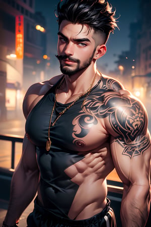 best quality, masterpiece,	(muscular Latino guy, 32year old:1.5),	(Walk theme:1.6), park,	(body covered in words, words on body:1.1, tattoos of (words) on body:1.3), (a fine beard:0.8),	(a beautiful smile:1.3),	16K, (HDR:1.4), high contrast, bokeh:1.2, lens flare,	head to thigh portrait,	beautiful and aesthetic, vibrant color, Exquisite details and textures, cold tone, ultra realistic illustration,siena natural ratio, anime style, 	Skinhead style, a fine Mustache,	wearing a black T-shirt, black Adidas sweatpants, 	ultra hd, realistic, vivid colors, highly detailed, UHD drawing, perfect composition, ultra hd, 8k, he has an inner glow, stunning, something that even doesn't exist, mythical being, energy, molecular, textures, iridescent and luminescent scales, breathtaking beauty, pure perfection, divine presence, unforgettable, impressive, breathtaking beauty, Volumetric light, auras, rays, vivid colors reflects.