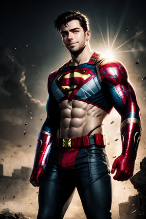 best quality, masterpiece,	(muscular European guy, 28year old:1.5),	(Marvel theme:1.4), Superman costume,	(body covered in words, words on body:0, tattoos of (words) on body:0), (a fine beard:1.0),	(a beautiful smile:1.1),	16K, (HDR:1.4), high contrast, bokeh:1.2, lens flare,	head to toe,	beautiful and aesthetic, vibrant color, Exquisite details and textures, cold tone, ultra realistic illustration,siena natural ratio, anime style, 	a very short dark brown hairstyle,	wearing a highneck long_sleeve knit sweater and jeans, 	ultra hd, realistic, vivid colors, highly detailed, UHD drawing, perfect composition, ultra hd, 8k, he has an inner glow, stunning, something that even doesn't exist, mythical being, energy, molecular, textures, iridescent and luminescent scales, breathtaking beauty, pure perfection, divine presence, unforgettable, impressive, breathtaking beauty, Volumetric light, auras, rays, vivid colors reflects.