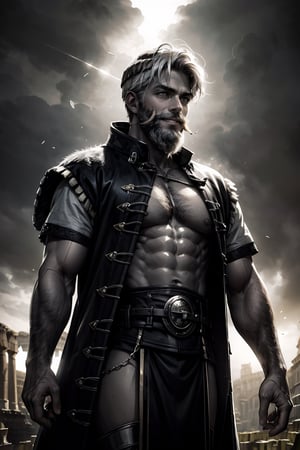 best quality, masterpiece,	(muscular European guy, 18year old:1.5),	(Ancient Rome theme:1.4), Ancient Rome General costume,	(body covered in words, words on body:0, tattoos of (words) on body:0), (a fine beard:1.3),	(a gentle smile:1.5),	16K, (HDR:1.4), high contrast, bokeh:1.2, lens flare,	Waist-up Side-view,	beautiful and aesthetic, vibrant color, Exquisite details and textures, cold tone, ultra realistic illustration,siena natural ratio, anime style, 	long Wave blonde hair,	wearing gray over velvet coat,	ultra hd, realistic, vivid colors, highly detailed, UHD drawing, perfect composition, ultra hd, 8k, he has an inner glow, stunning, something that even doesn't exist, mythical being, energy, molecular, textures, iridescent and luminescent scales, breathtaking beauty, pure perfection, divine presence, unforgettable, impressive, breathtaking beauty, Volumetric light, auras, rays, vivid colors reflects.