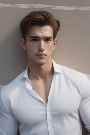 (Best quality, 8k, 32k, Masterpiece, UHD:1.2), 1guy, photo of a handsome guy wearing a white shirt, (shaved), great looking, posing leaning in a wall, lazy, looking at viewer, faint smile, eyes contact, focus, depth of field, film grain, ray tracing, detailed natural real skin texture, visible skin pores, detailed fabric rendering, anatomically correct, wapo ,(MkmCut),porco_galliard,1boy,man