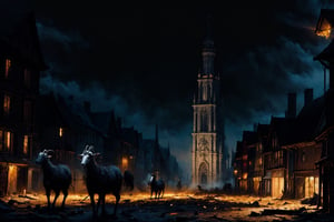 Masterpiece, beautiful details, perfect focus, uniform 8K wallpaper, high resolution, exquisite texture in every detail, a giant white goat, painted with bloody symbols and towering over a medieval German village. Upon its back, a witch and a skeleton ride through the night, illuminated by shards of light from a single flickering candle, nodf_lora