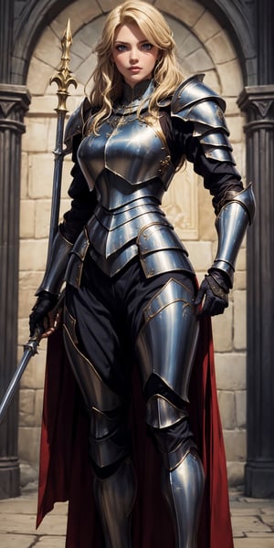 Masterpiece, beautiful details, perfect focus, uniform 8K woman 24 years old, french, paladin, ((((fully covered in form fitting steel platearmor)))), golden decorations, flowing silk armor, leather body suit under armor, blonde hair, ((scarred left eye)), She is holding a spear, (((dark medival fantasy artstyle))), full body, nodf_lora,Real,insertNameHere