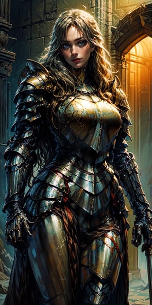 Masterpiece, beautiful details, perfect focus, uniform 8K woman 24 years old, french, paladin, ((((fully covered in form fitting steel platearmor)))), golden decorations, flowing silk armor, leather body suit under armor, blonde hair, ((scarred left eye)), She is holding a spear, (((dark medival fantasy artstyle))), full body, nodf_lora,Real