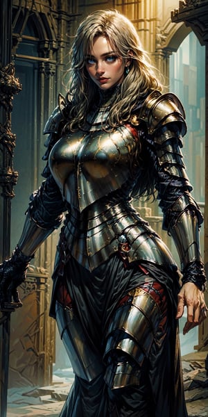 Masterpiece, beautiful details, perfect focus, uniform 8K woman 24 years old, french, paladin, ((((fully covered in form fitting steel platearmor)))), golden decorations, flowing silk armor, leather body suit under armor, blonde hair, ((scarred left eye)), She is holding a spear, (((dark medival fantasy artstyle))), full body, nodf_lora,Real